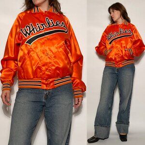 Vintage 1980s Orange & Black "Whirlies" Satin Bomber! Medium to Large